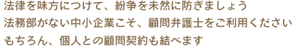 「法律を味方につけて、紛争を未然に防ぎましょう。法務部がない中小企業こそ、顧問弁護士をご利用ください。もちろん、個人との顧問契約も結べます